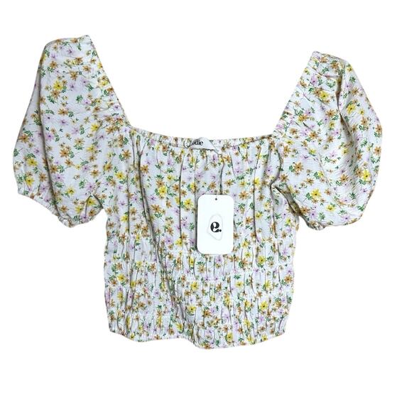 Elodie Nordstrom Floral Smocked Crop Top Small Puff Sleeve Summer Yellow Pink - Picture 1 of 9